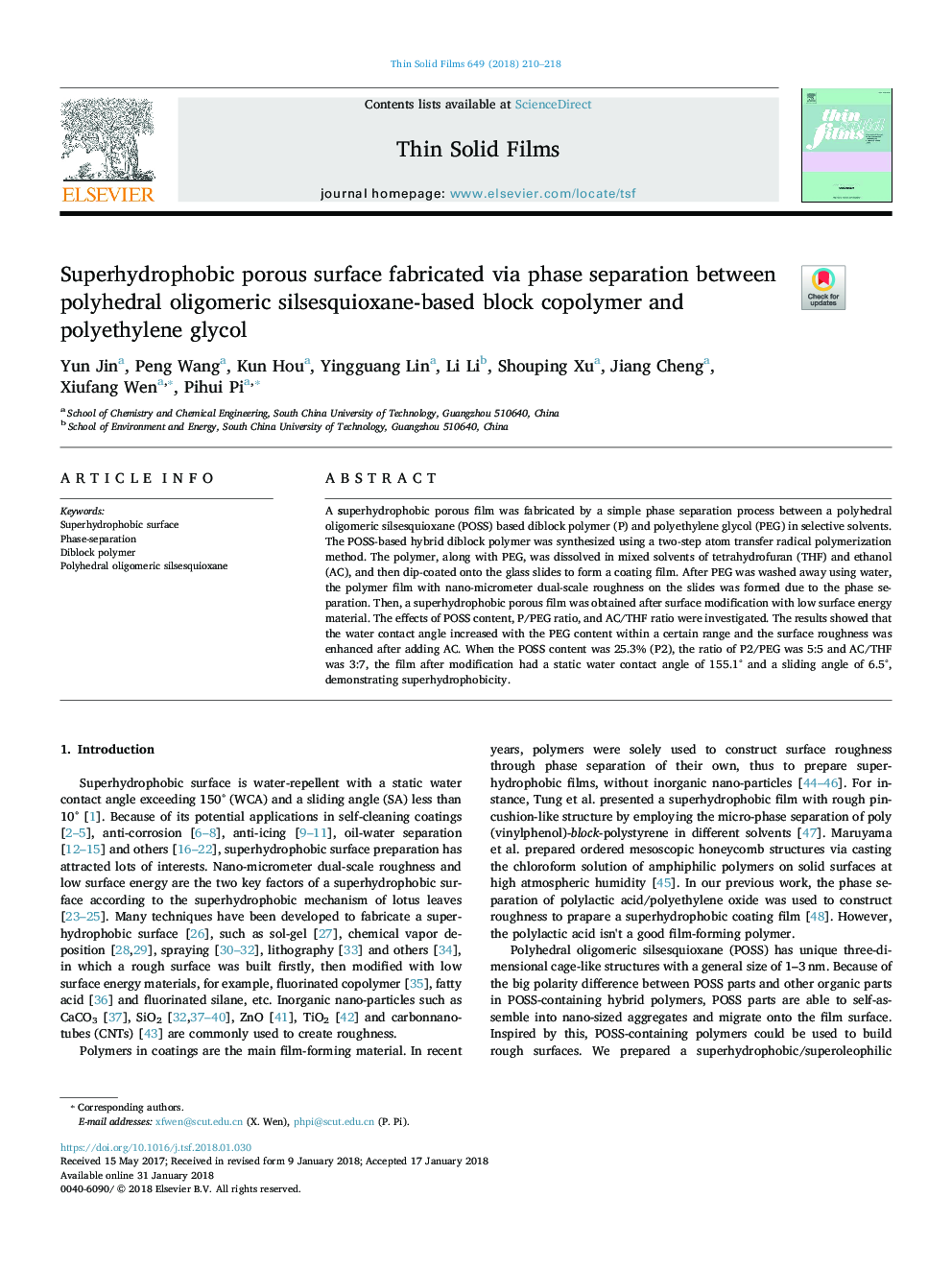 Superhydrophobic porous surface fabricated via phase separation between polyhedral oligomeric silsesquioxane-based block copolymer and polyethylene glycol