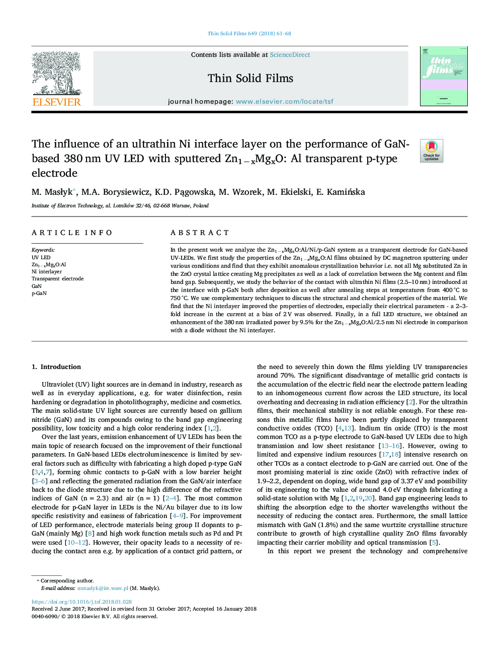 The influence of an ultrathin Ni interface layer on the performance of GaN-based 380â¯nm UV LED with sputtered Zn1âxMgxO: Al transparent p-type electrode