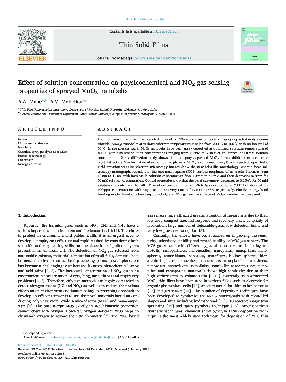 Effect of solution concentration on physicochemical and NO2 gas sensing properties of sprayed MoO3 nanobelts