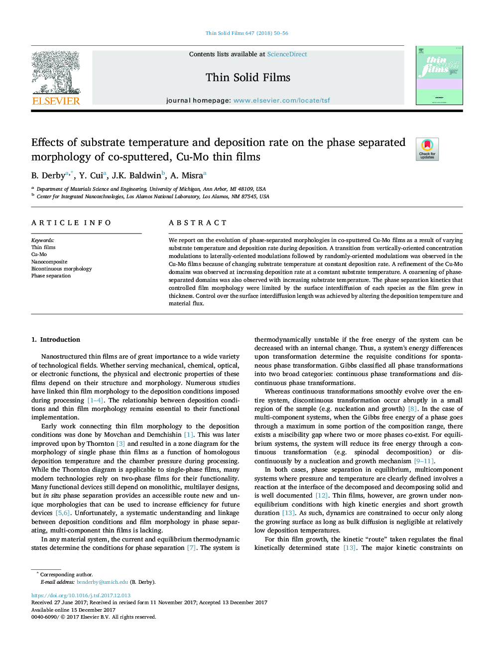 Effects of substrate temperature and deposition rate on the phase separated morphology of co-sputtered, Cu-Mo thin films