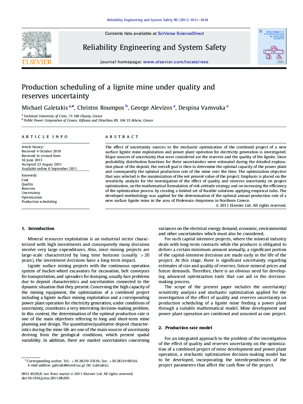 Production scheduling of a lignite mine under quality and reserves uncertainty
