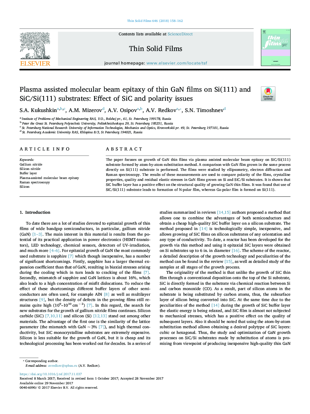 Plasma assisted molecular beam epitaxy of thin GaN films on Si(111) and SiC/Si(111) substrates: Effect of SiC and polarity issues