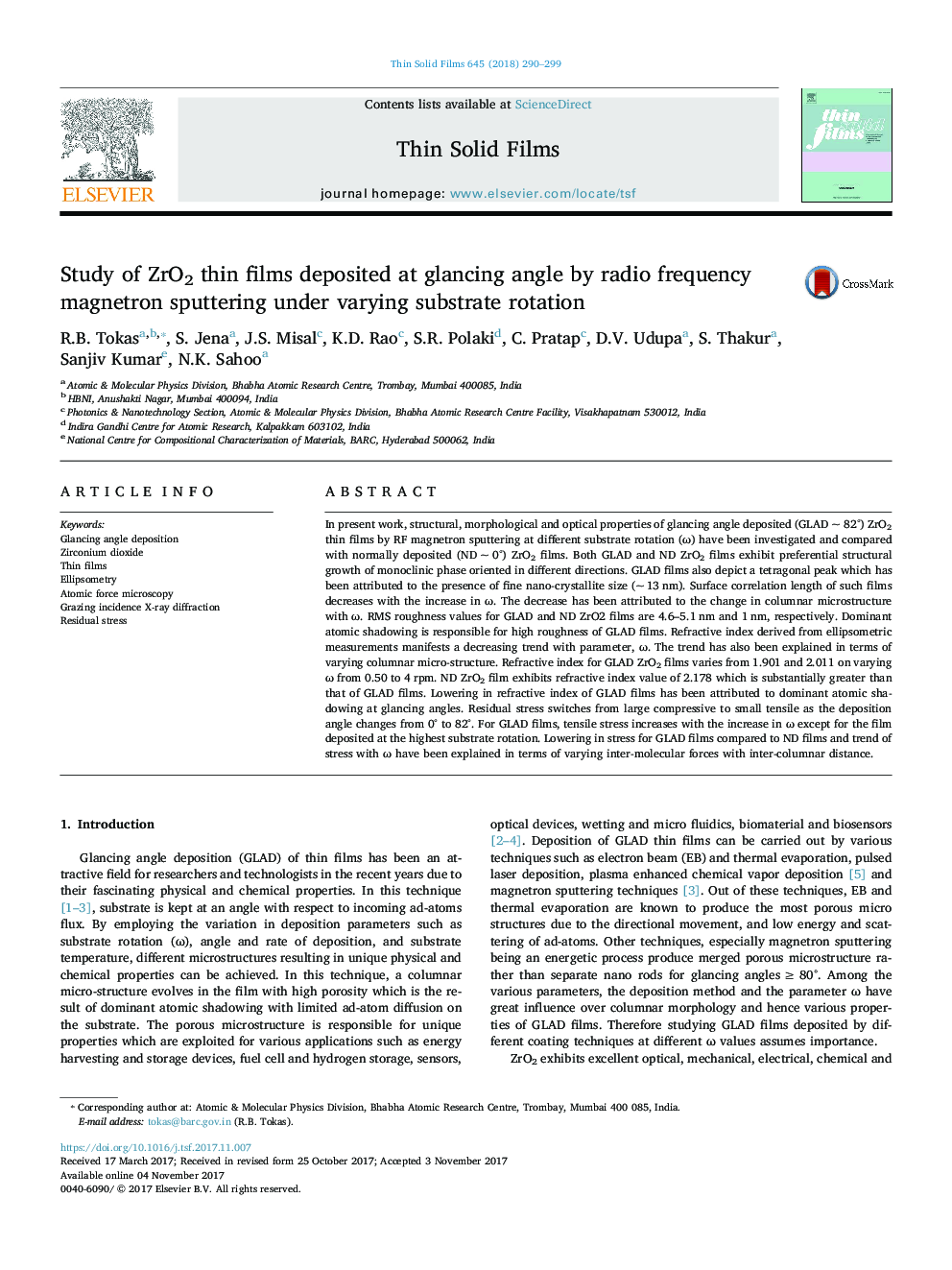 Study of ZrO2 thin films deposited at glancing angle by radio frequency magnetron sputtering under varying substrate rotation