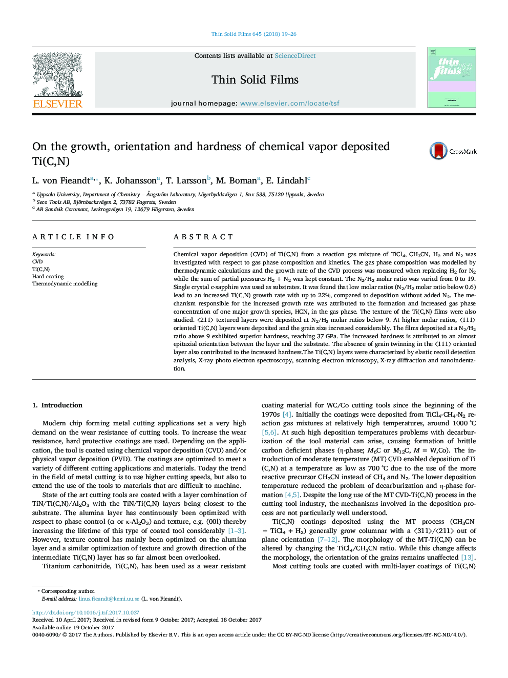 On the growth, orientation and hardness of chemical vapor deposited Ti(C,N)