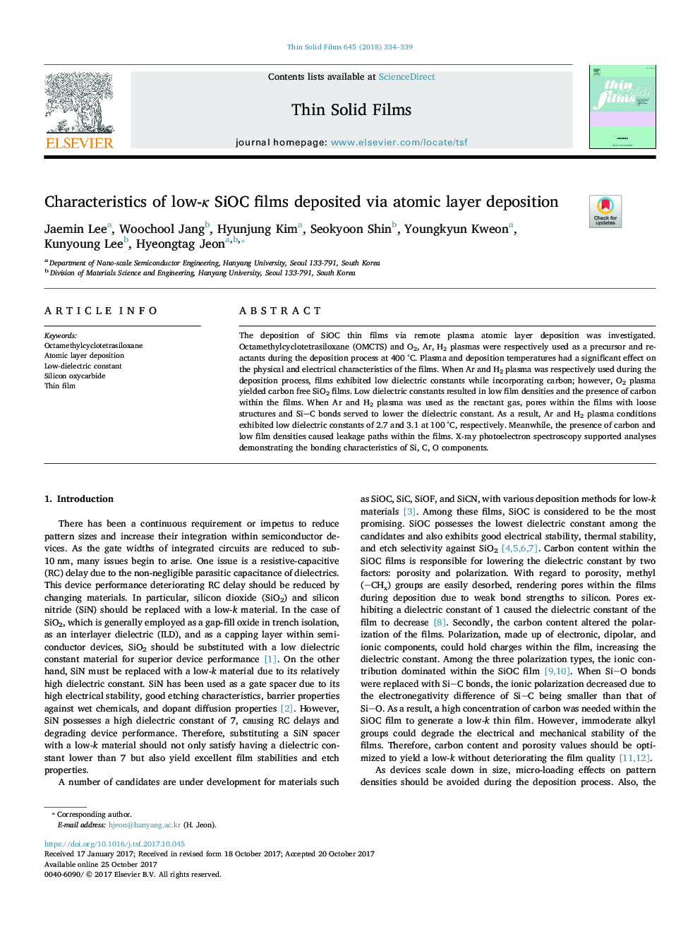 Characteristics of low-Îº SiOC films deposited via atomic layer deposition