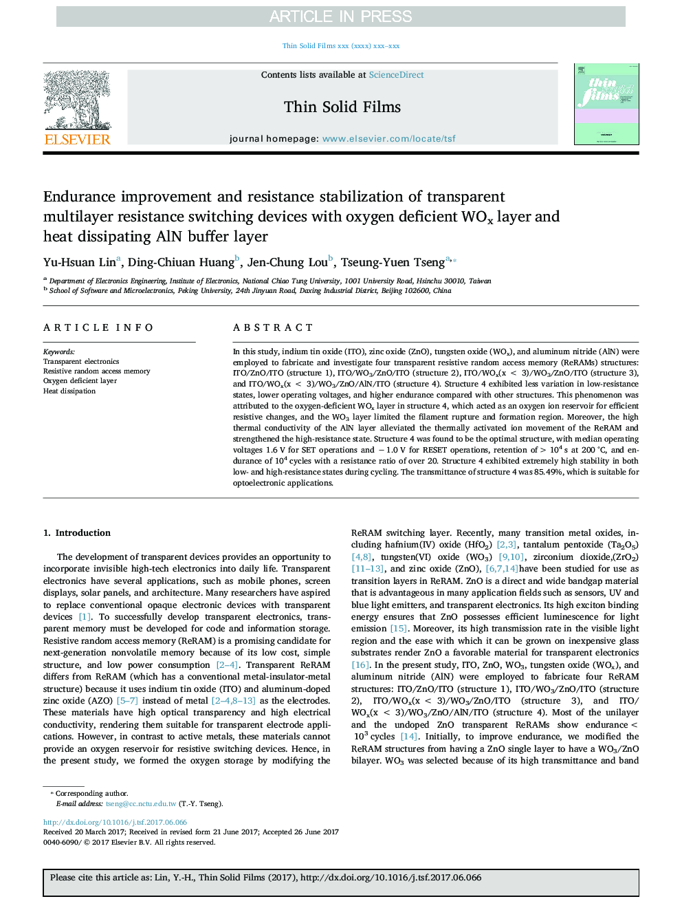 Endurance improvement and resistance stabilization of transparent multilayer resistance switching devices with oxygen deficient WOx layer and heat dissipating AlN buffer layer