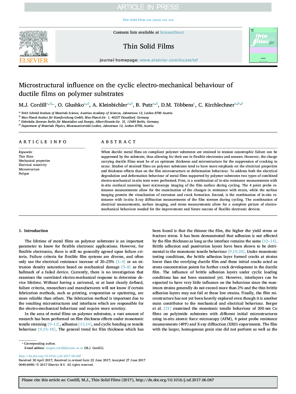 Microstructural influence on the cyclic electro-mechanical behaviour of ductile films on polymer substrates