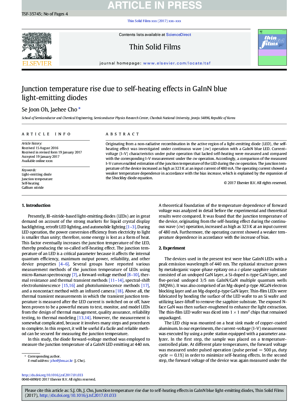 Junction temperature rise due to self-heating effects in GaInN blue light-emitting diodes