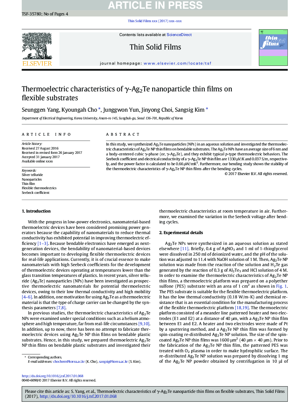 Thermoelectric characteristics of Î³-Ag2Te nanoparticle thin films on flexible substrates