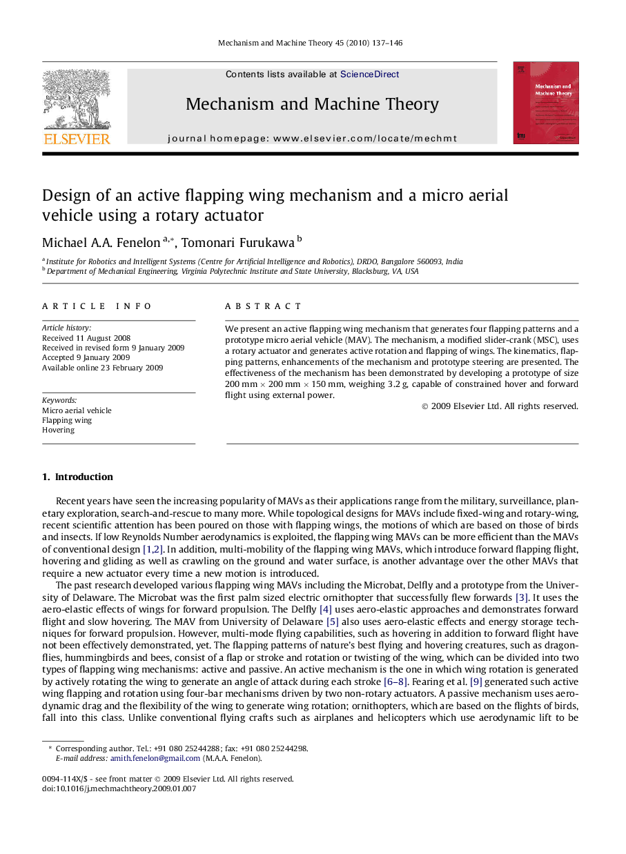 Design of an active flapping wing mechanism and a micro aerial vehicle using a rotary actuator