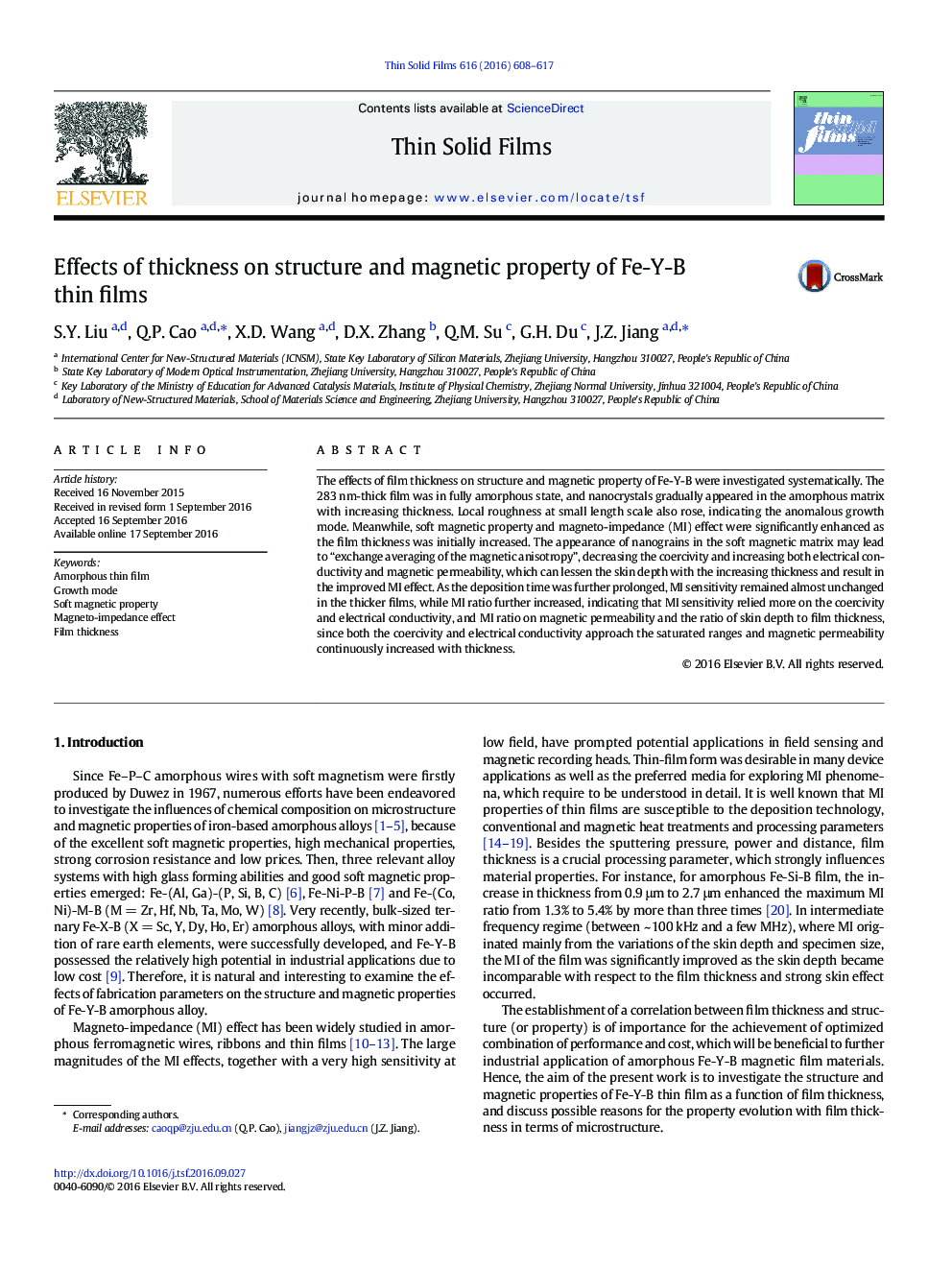 Effects of thickness on structure and magnetic property of Fe-Y-B thin films