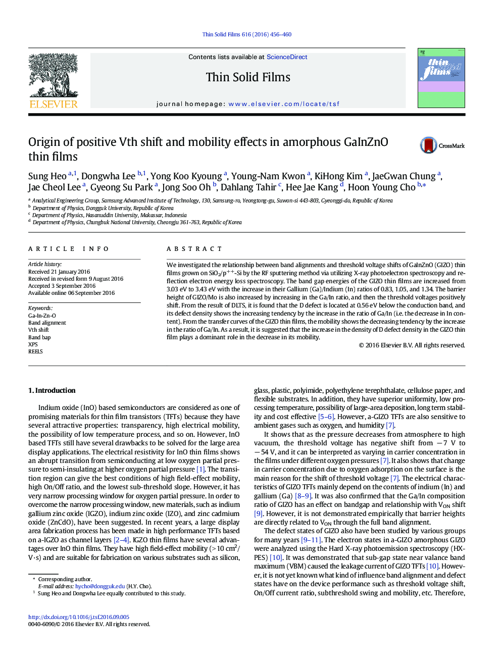 Origin of positive Vth shift and mobility effects in amorphous GaInZnO thin films