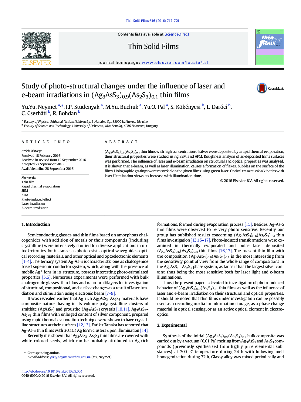 Study of photo-structural changes under the influence of laser and e-beam irradiations in (Ag3AsS3)0.9(As2S3)0.1 thin films