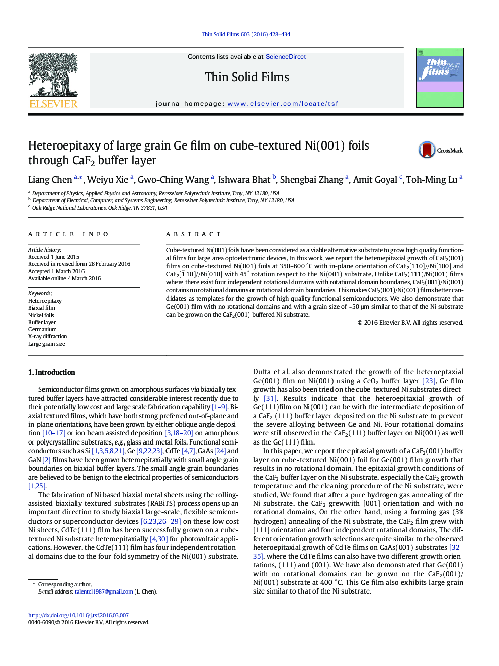 عکس صفحه اول مقاله: Heteroepitaxy of large grain Ge film on cube-textured Ni(001) foils through CaF2 buffer layer Heteroepitaxy of large grain Ge film on cube-textured Ni(001) foils through CaF2 buffer layer