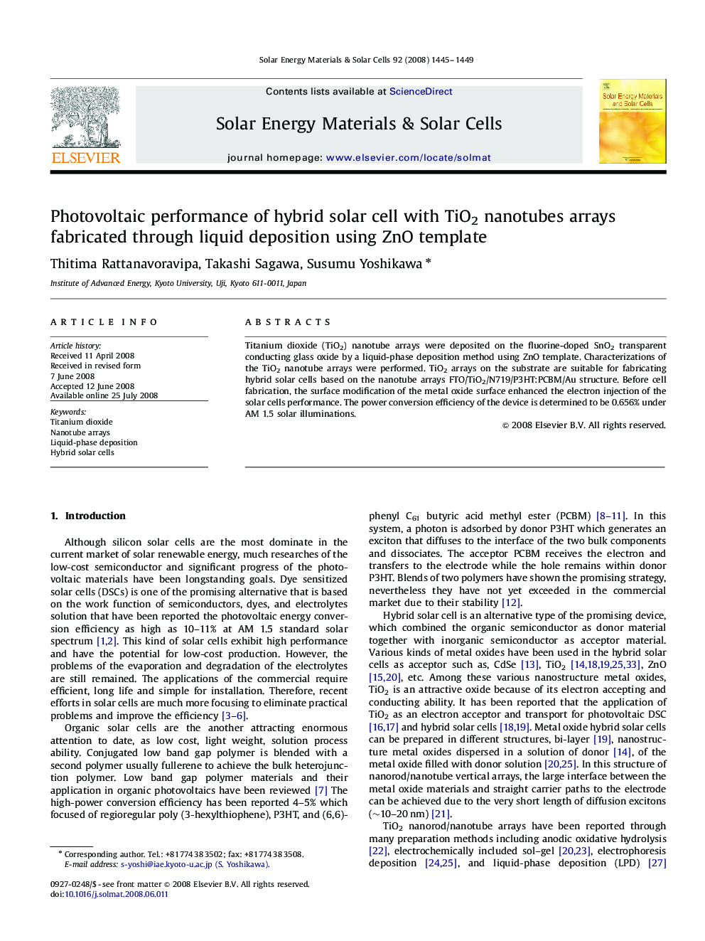 Photovoltaic performance of hybrid solar cell with TiO2 nanotubes arrays fabricated through liquid deposition using ZnO template