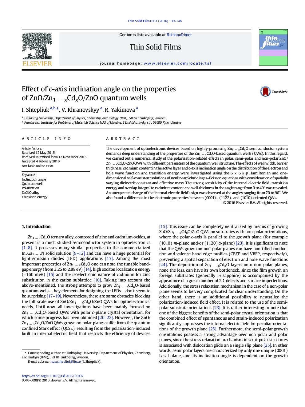 Effect of c-axis inclination angle on the properties of ZnO/Zn1Â âÂ xCdxO/ZnO quantum wells