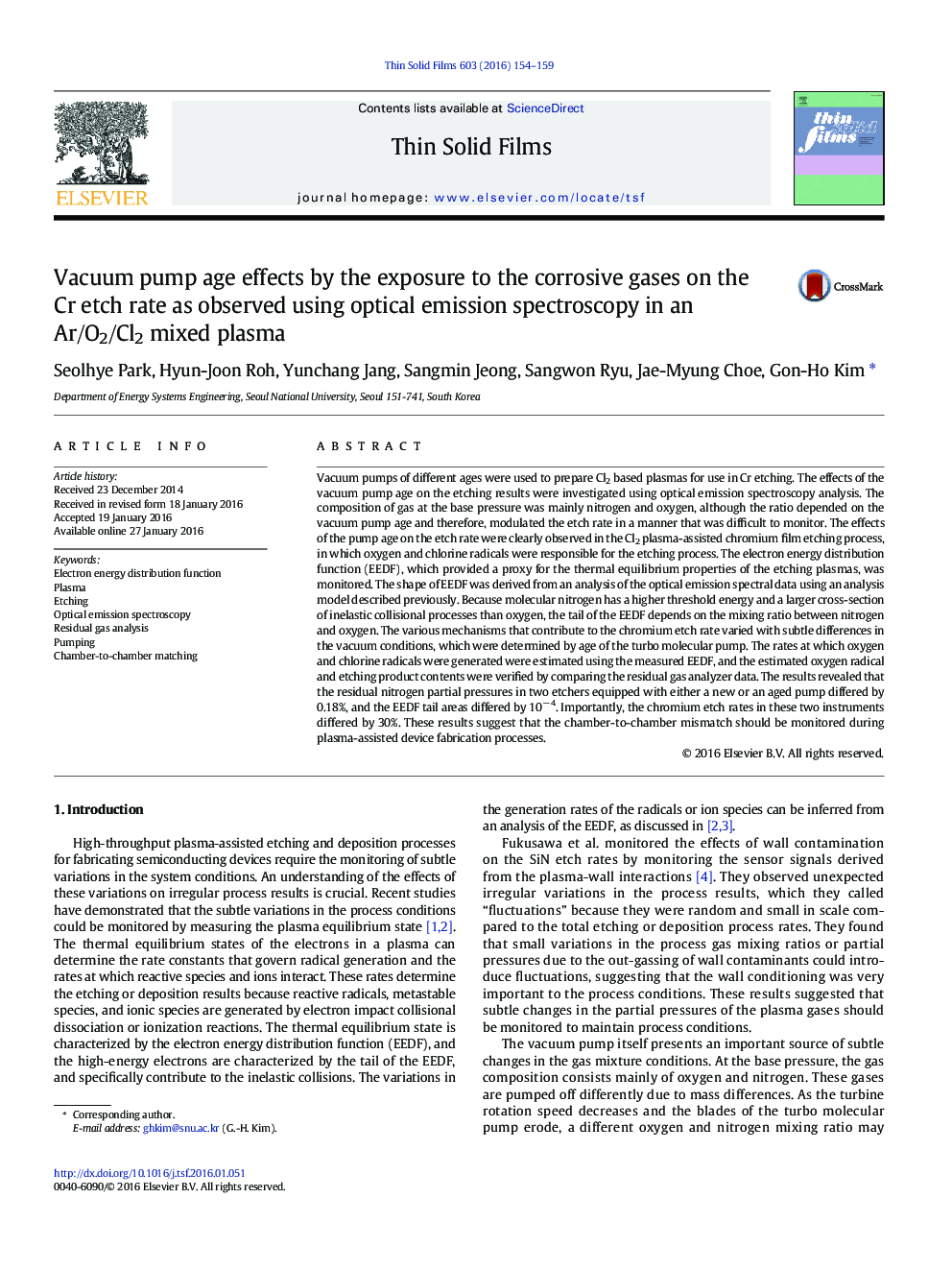 Vacuum pump age effects by the exposure to the corrosive gases on the Cr etch rate as observed using optical emission spectroscopy in an Ar/O2/Cl2 mixed plasma