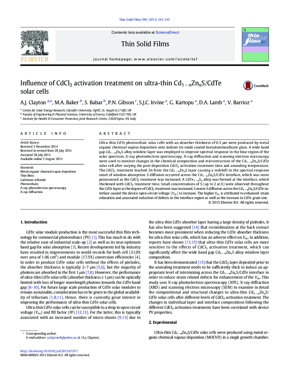 Influence of CdCl2 activation treatment on ultra-thin Cd1âxZnxS/CdTe solar cells