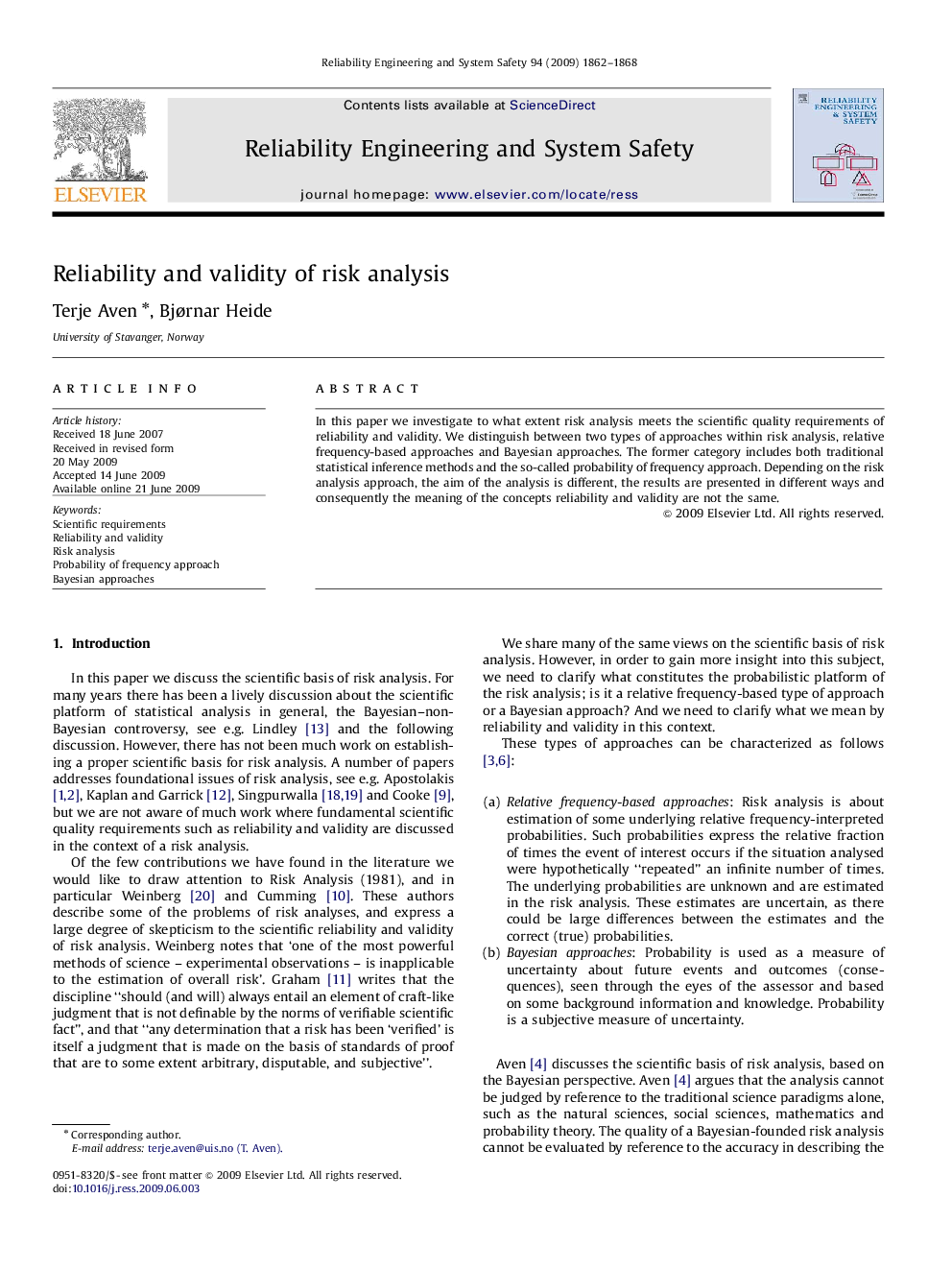 Reliability and validity of risk analysis