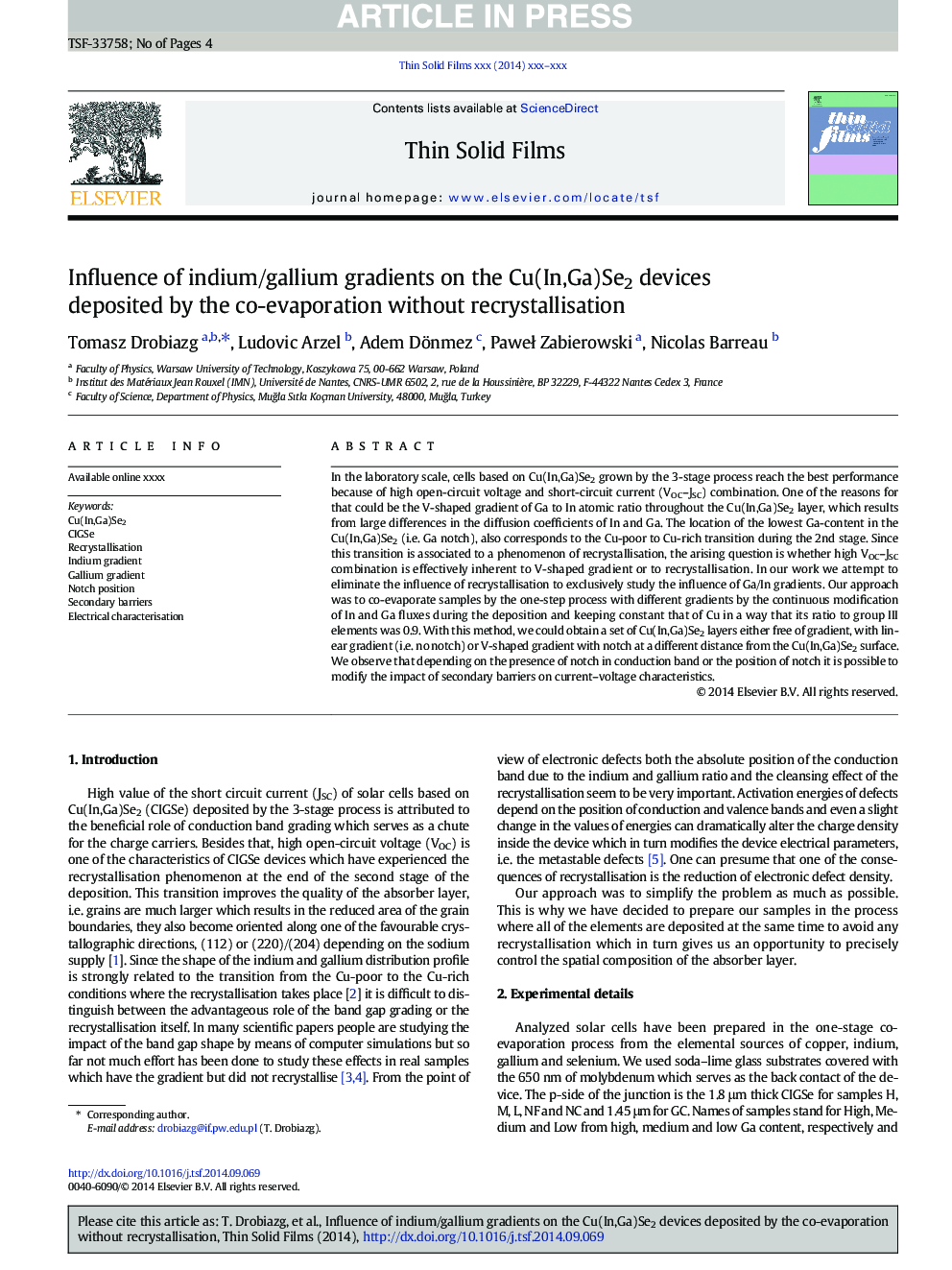 Influence of indium/gallium gradients on the Cu(In,Ga)Se2 devices deposited by the co-evaporation without recrystallisation