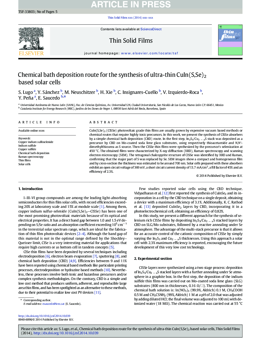 Chemical bath deposition route for the synthesis of ultra-thin CuIn(S,Se)2 based solar cells