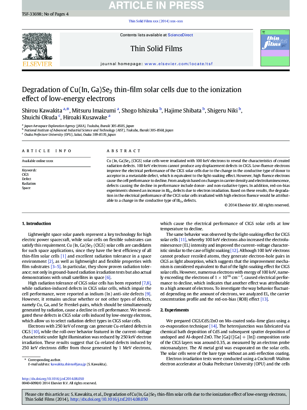عکس صفحه اول مقاله: Degradation of Cu(In, Ga)Se2 thin-film solar cells due to the ionization effect of low-energy electrons Degradation of Cu(In, Ga)Se2 thin-film solar cells due to the ionization effect of low-energy electrons