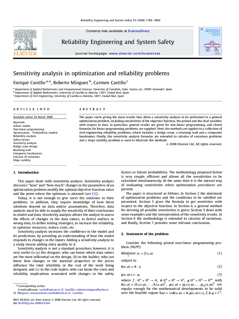 Sensitivity analysis in optimization and reliability problems