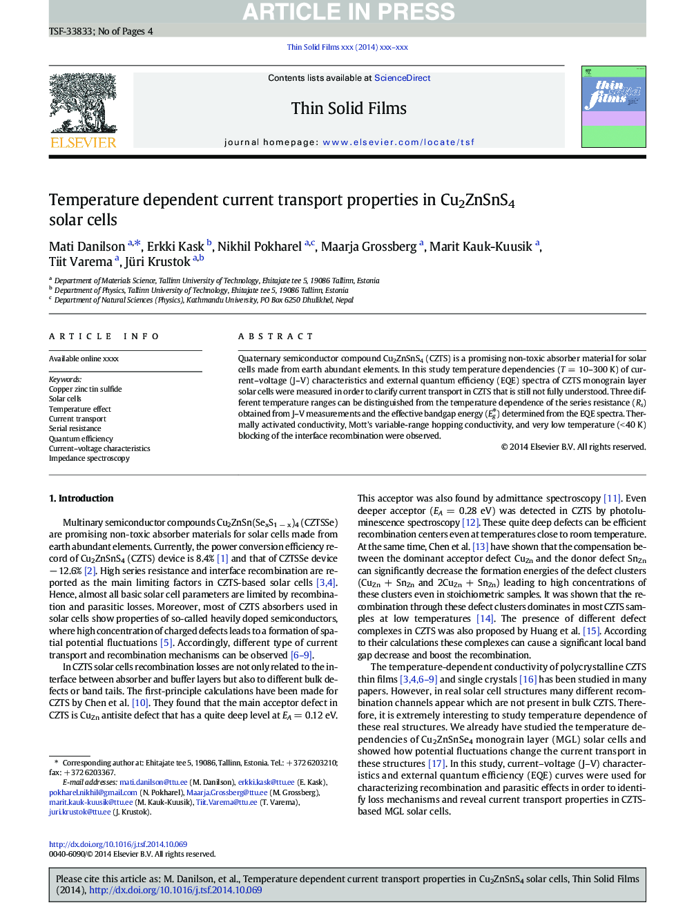 Temperature dependent current transport properties in Cu2ZnSnS4 solar cells