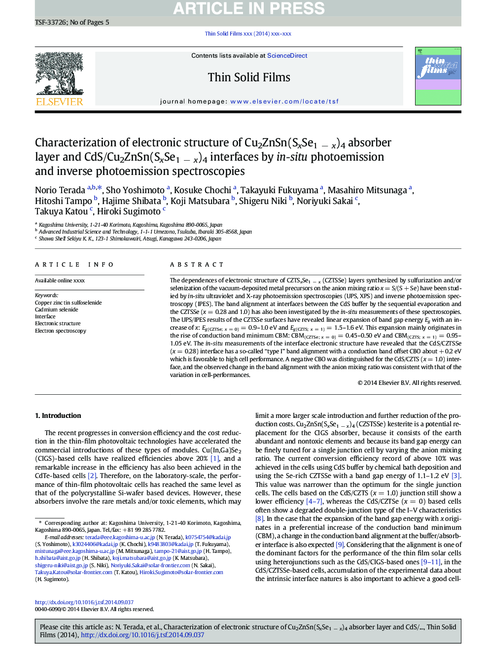 Characterization of electronic structure of Cu2ZnSn(SxSe1Â âÂ x)4 absorber layer and CdS/Cu2ZnSn(SxSe1Â âÂ x)4 interfaces by in-situ photoemission and inverse photoemission spectroscopies