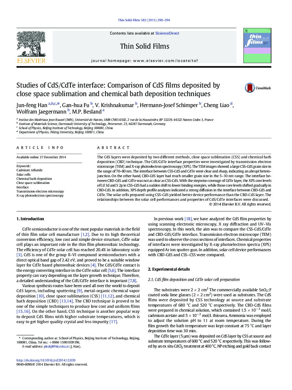 Studies of CdS/CdTe interface: Comparison of CdS films deposited by close space sublimation and chemical bath deposition techniques