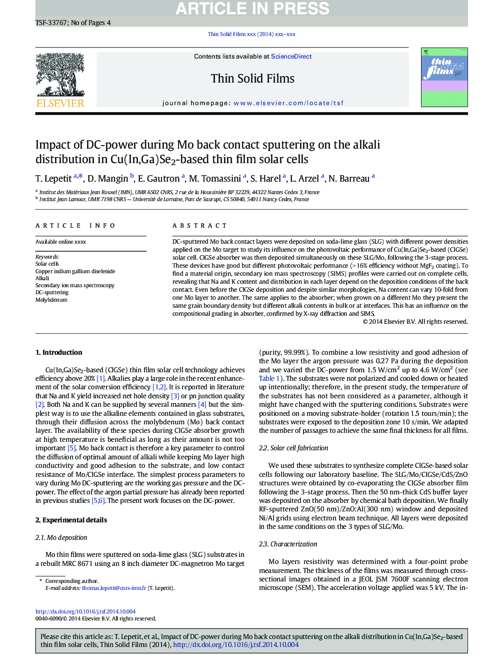 Impact of DC-power during Mo back contact sputtering on the alkali distribution in Cu(In,Ga)Se2-based thin film solar cells