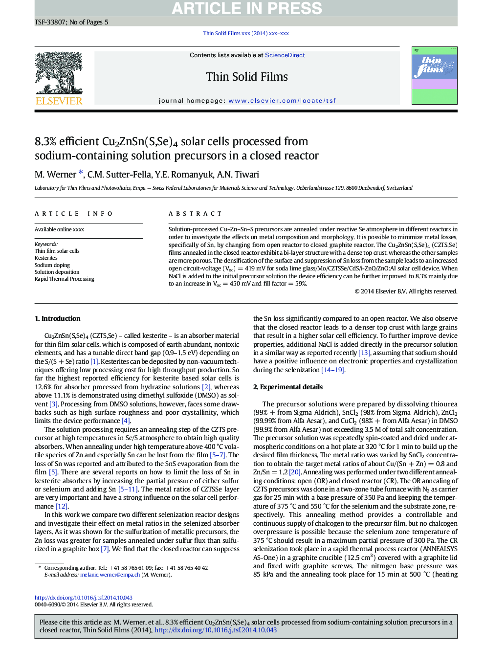 8.3% efficient Cu2ZnSn(S,Se)4 solar cells processed from sodium-containing solution precursors in a closed reactor