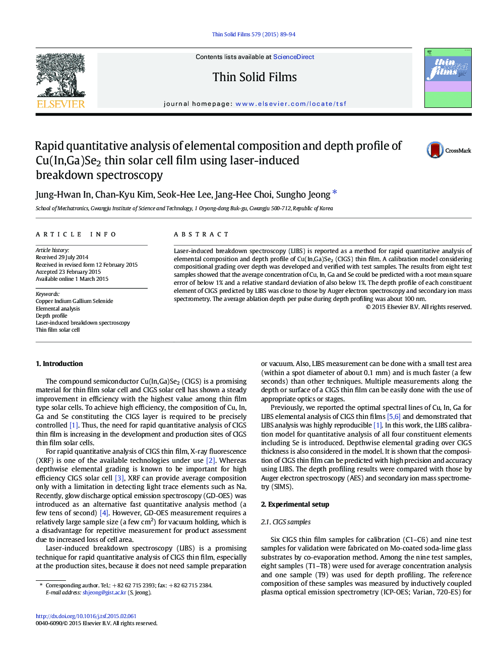 Rapid quantitative analysis of elemental composition and depth profile of Cu(In,Ga)Se2 thin solar cell film using laser-induced breakdown spectroscopy