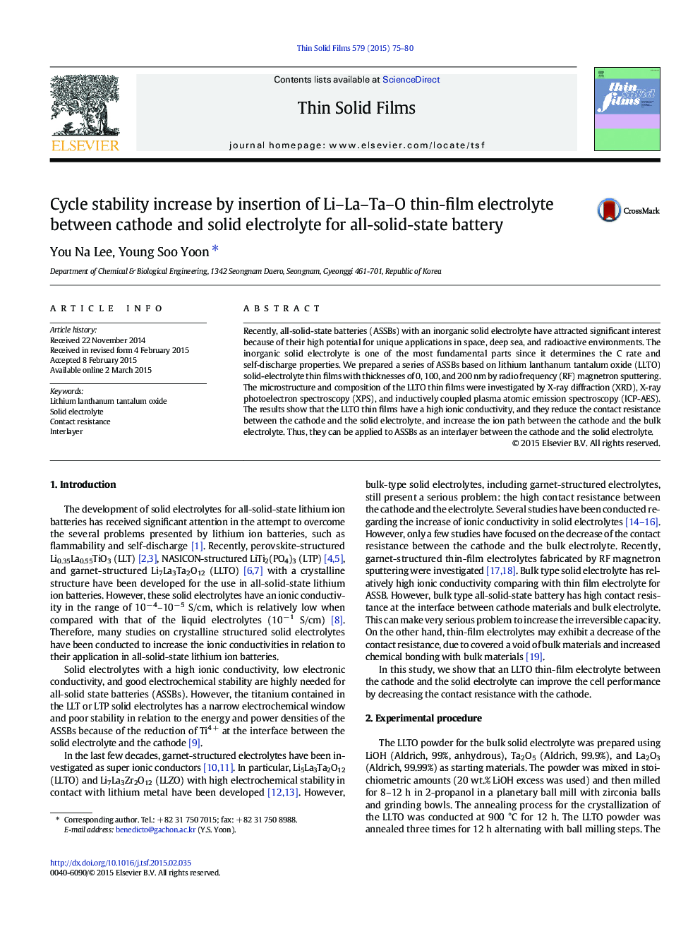 Cycle stability increase by insertion of Li-La-Ta-O thin-film electrolyte between cathode and solid electrolyte for all-solid-state battery