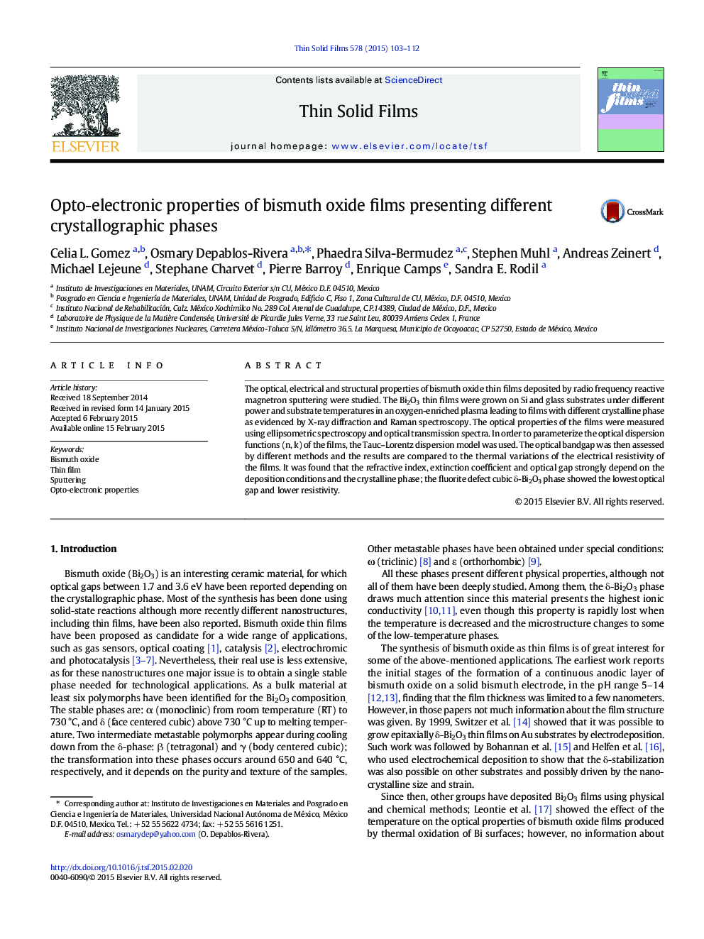 Opto-electronic properties of bismuth oxide films presenting different crystallographic phases