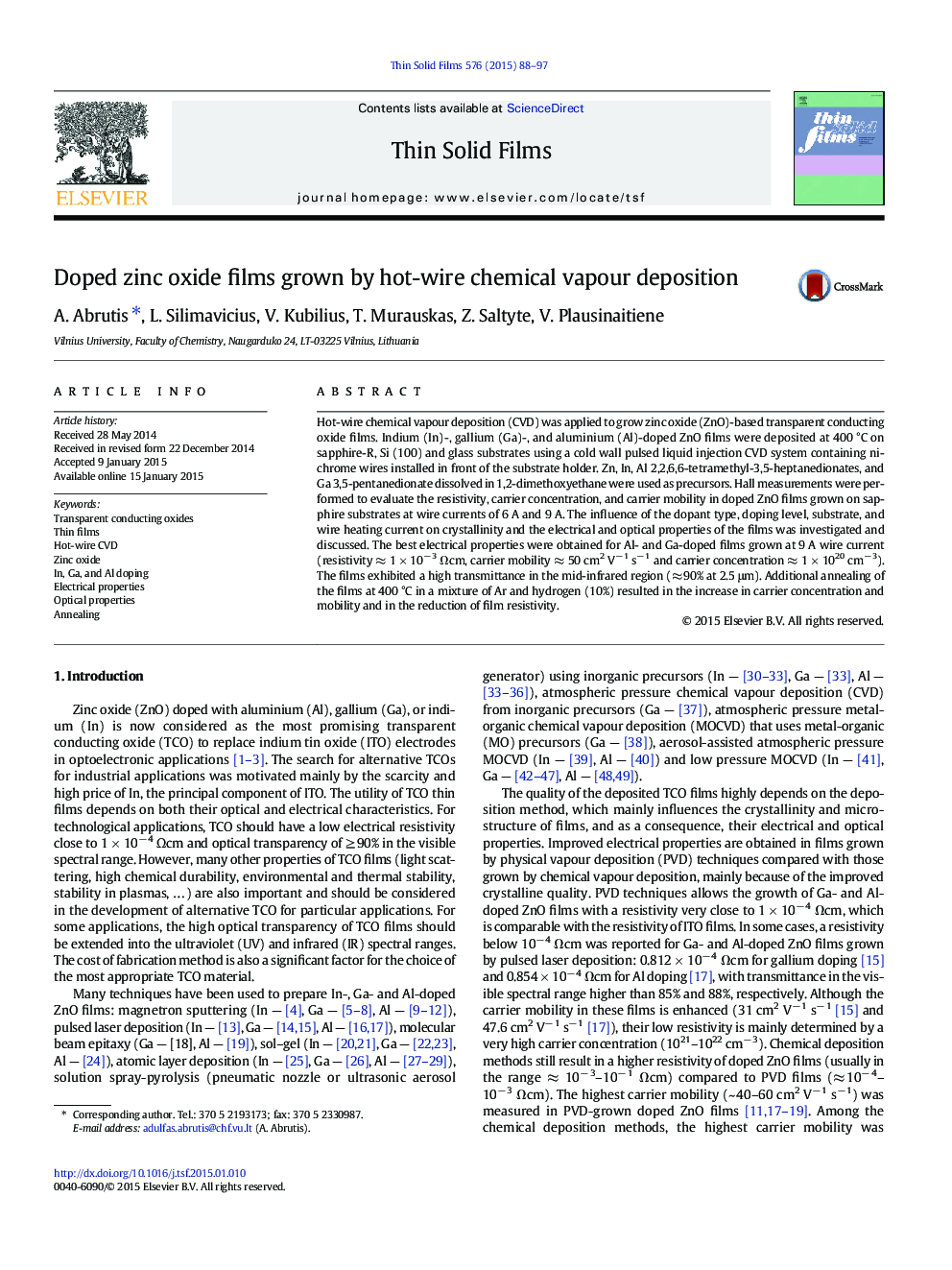 Doped zinc oxide films grown by hot-wire chemical vapour deposition