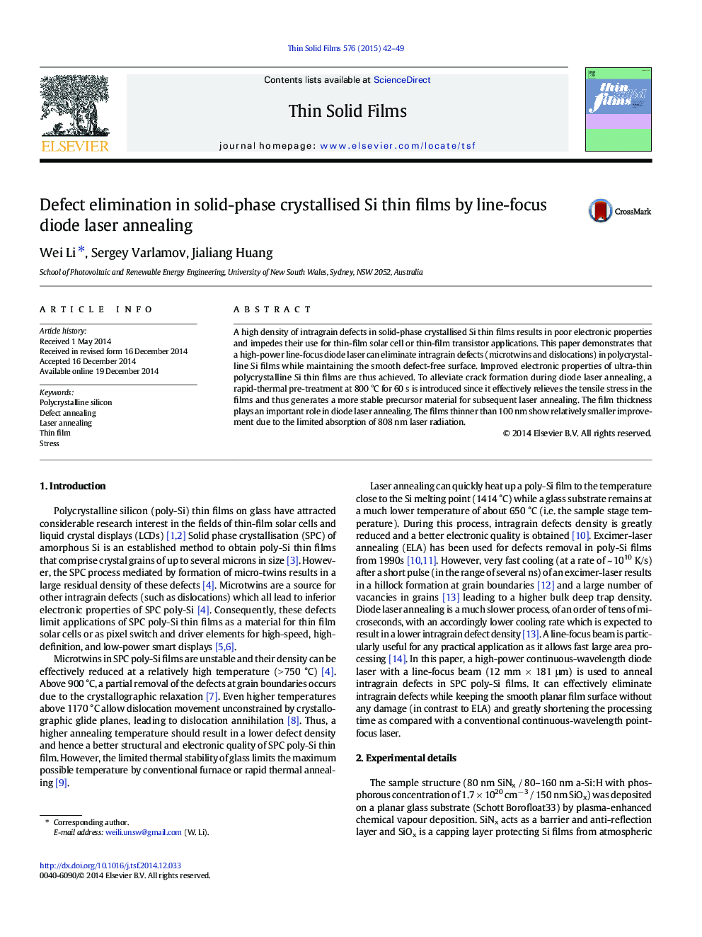 Defect elimination in solid-phase crystallised Si thin films by line-focus diode laser annealing