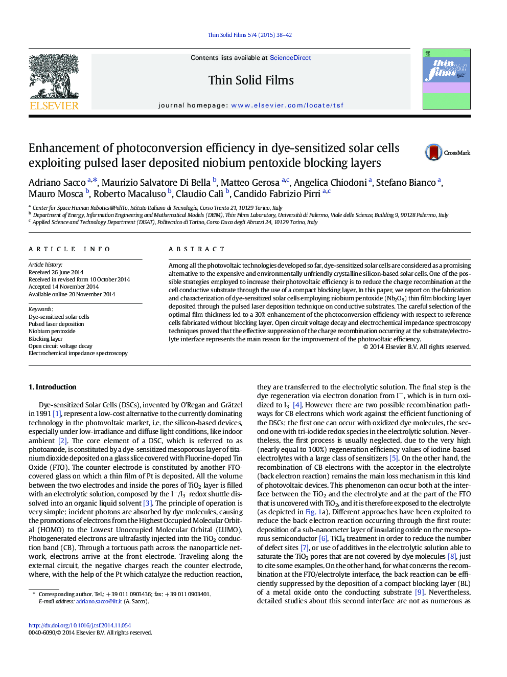 Enhancement of photoconversion efficiency in dye-sensitized solar cells exploiting pulsed laser deposited niobium pentoxide blocking layers