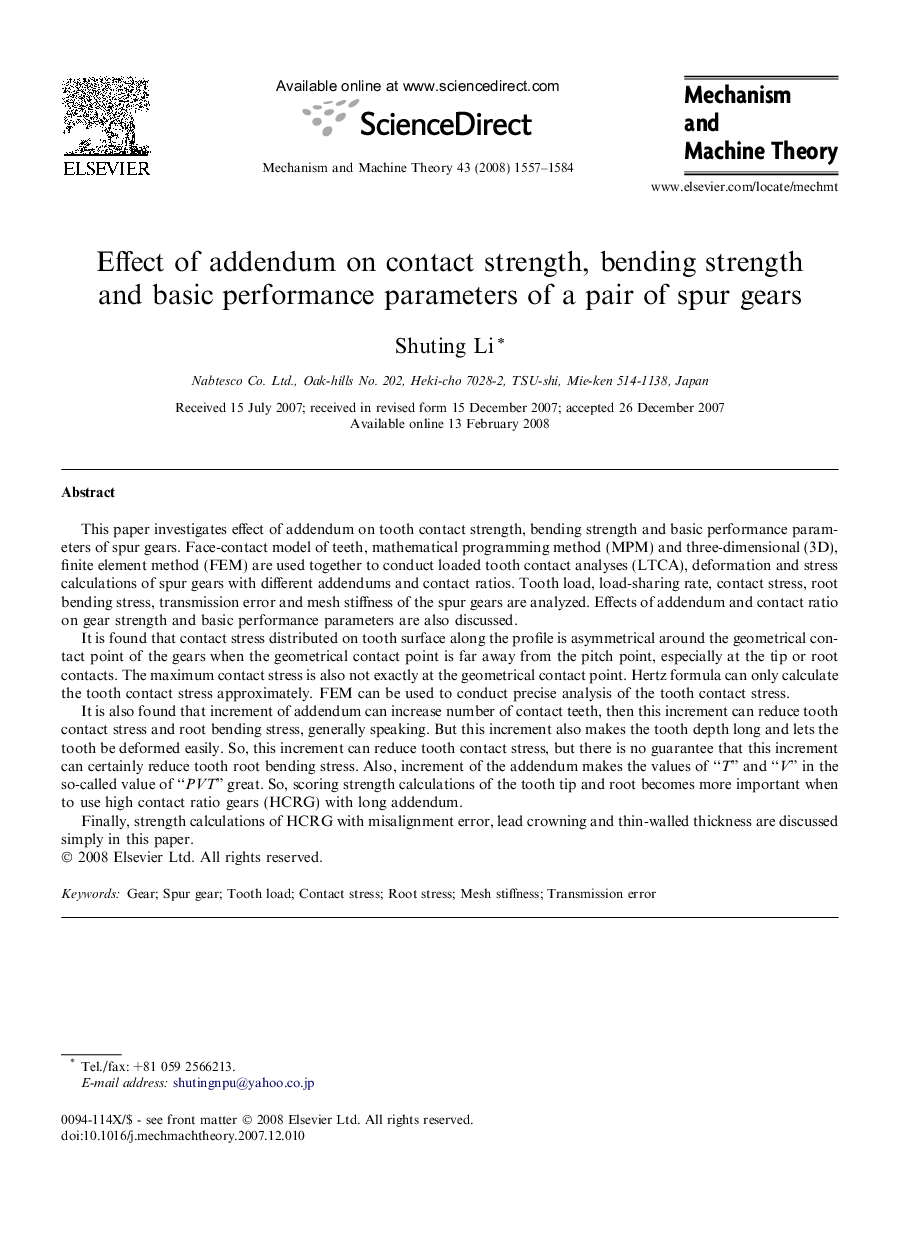 Effect of addendum on contact strength, bending strength and basic performance parameters of a pair of spur gears