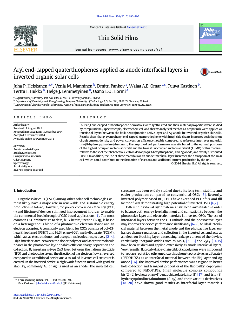 Aryl end-capped quaterthiophenes applied as anode interfacial layers in inverted organic solar cells