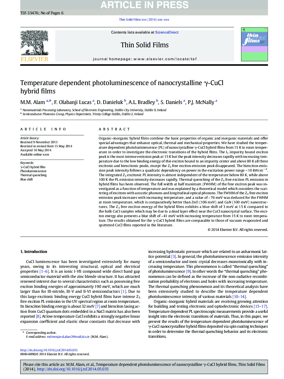 Temperature dependent photoluminescence of nanocrystalline Î³-CuCl hybrid films