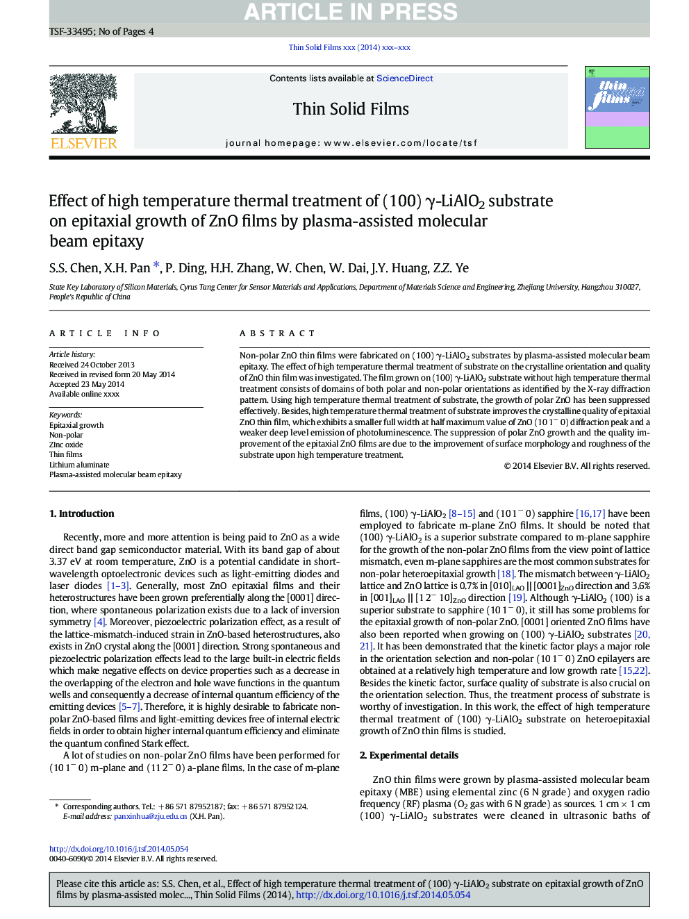 Effect of high temperature thermal treatment of (100) Î³-LiAlO2 substrate on epitaxial growth of ZnO films by plasma-assisted molecular beam epitaxy