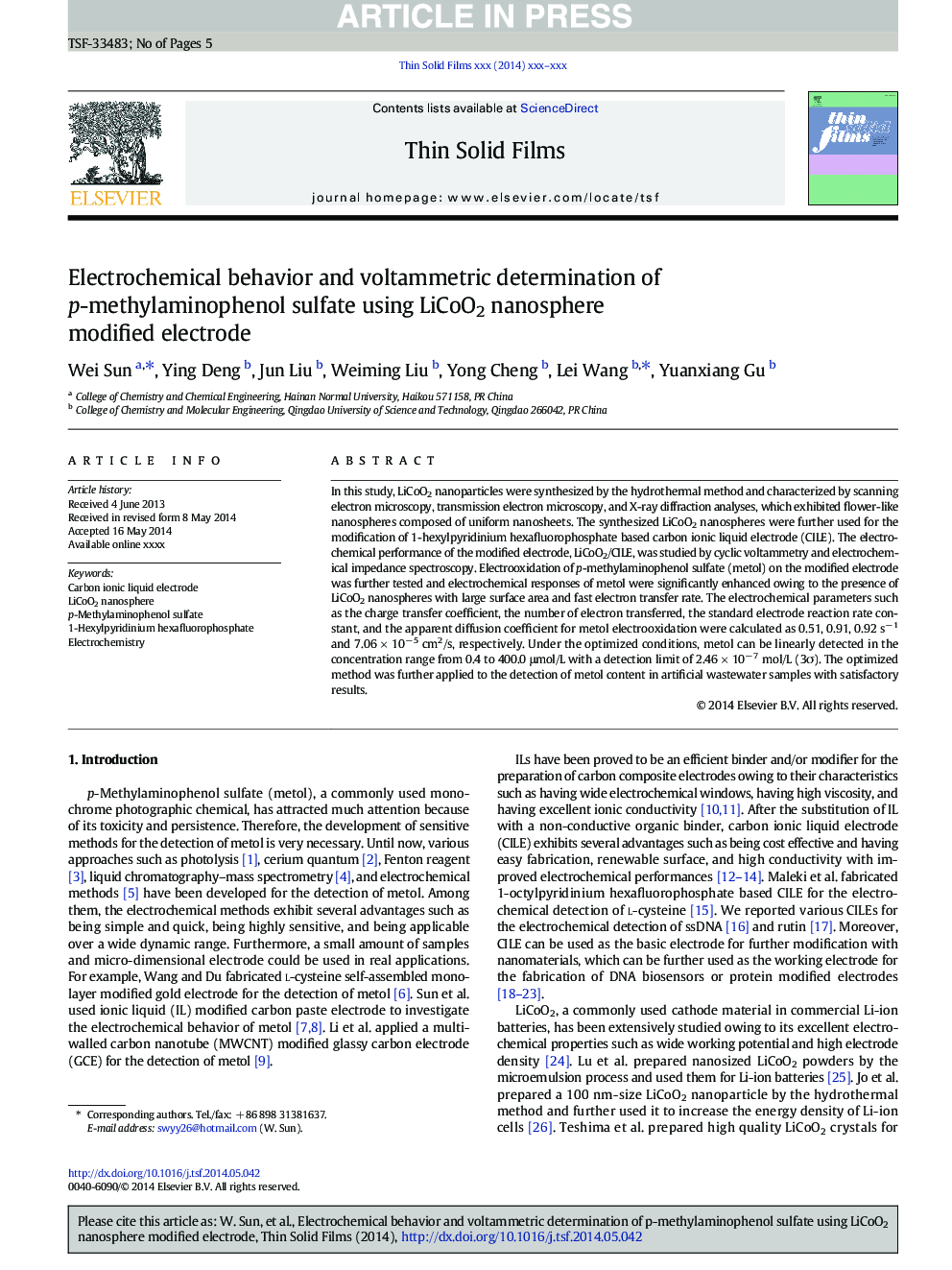 Electrochemical behavior and voltammetric determination of p-methylaminophenol sulfate using LiCoO2 nanosphere modified electrode