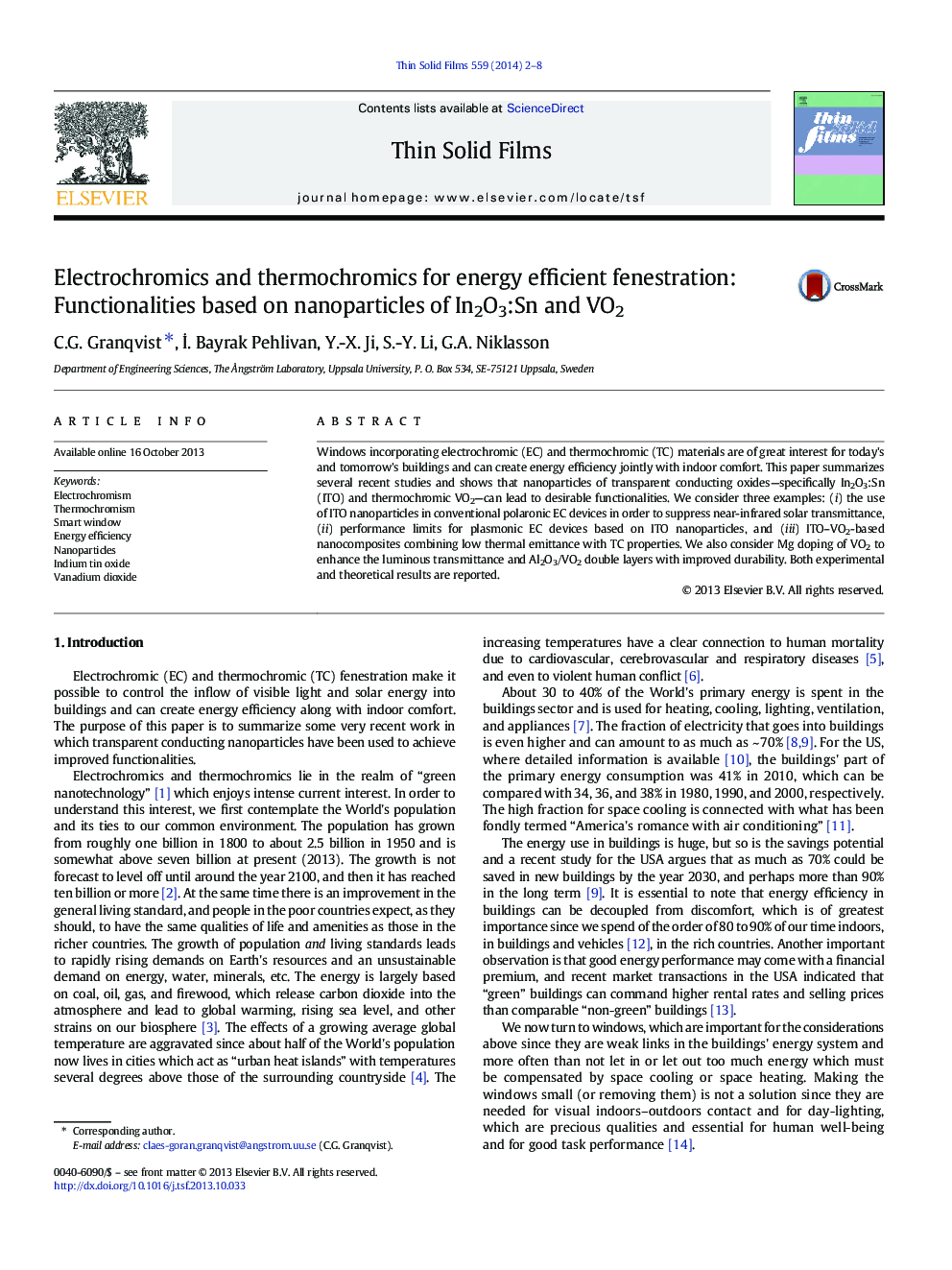 Electrochromics and thermochromics for energy efficient fenestration: Functionalities based on nanoparticles of In2O3:Sn and VO2