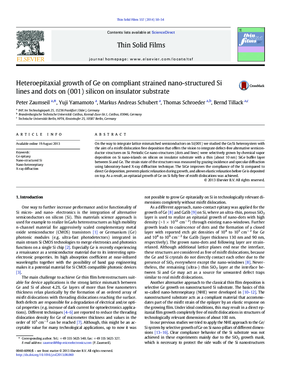 Heteroepitaxial growth of Ge on compliant strained nano-structured Si lines and dots on (001) silicon on insulator substrate