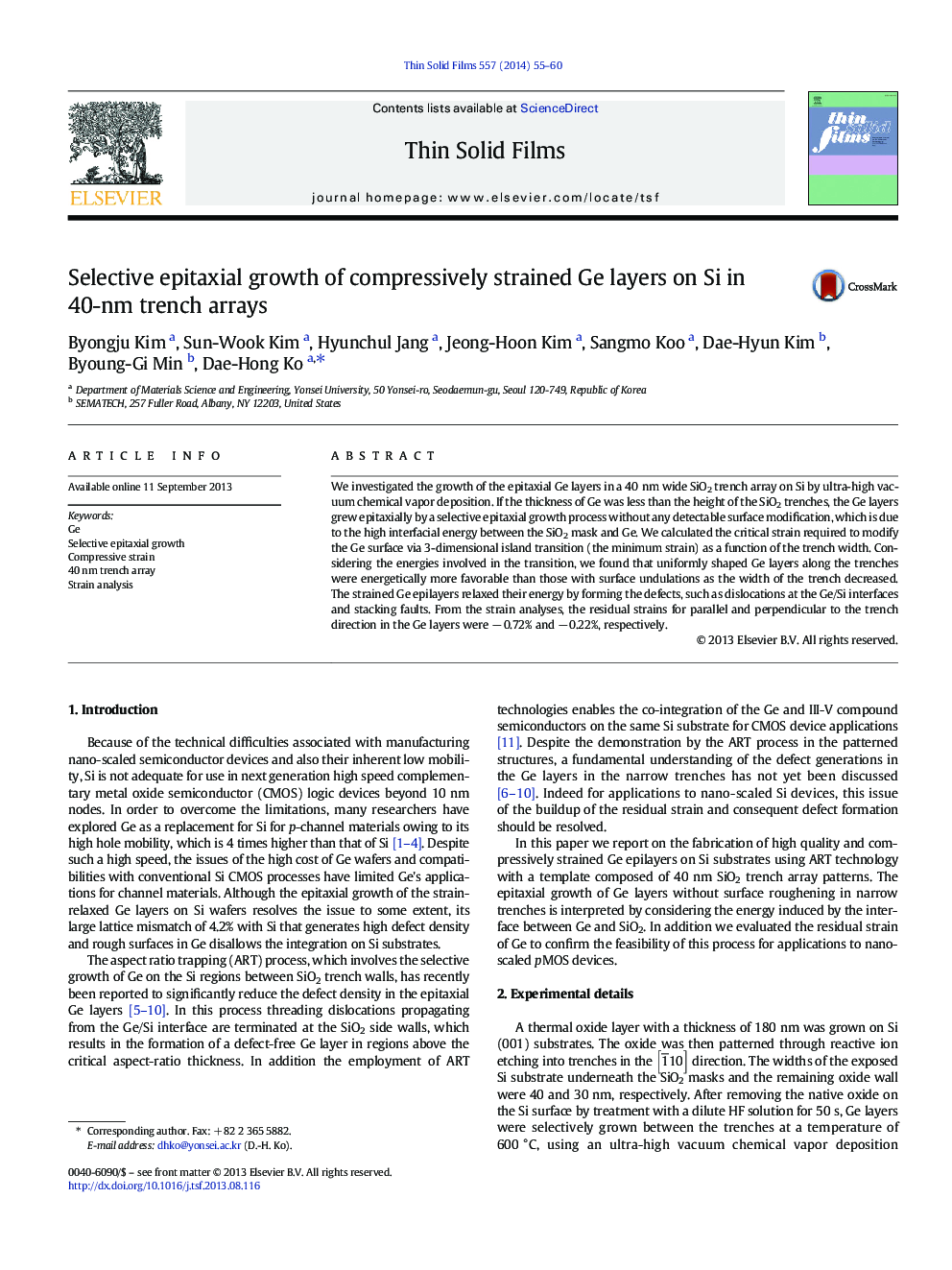 Selective epitaxial growth of compressively strained Ge layers on Si in 40-nm trench arrays