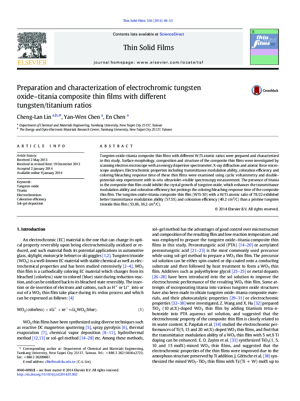 Preparation and characterization of electrochromic tungsten oxide-titania composite thin films with different tungsten/titanium ratios