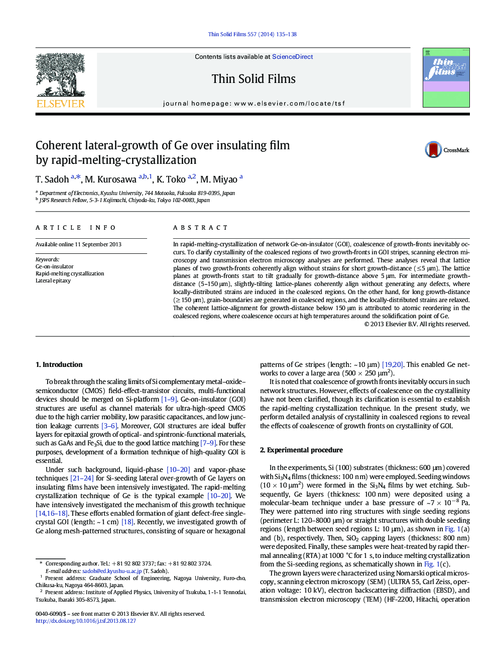 Coherent lateral-growth of Ge over insulating film by rapid-melting-crystallization