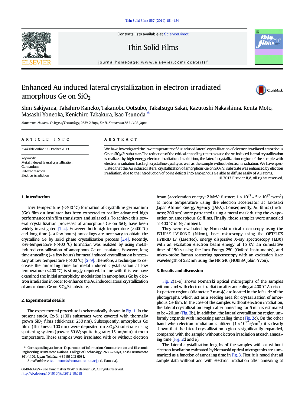 Enhanced Au induced lateral crystallization in electron-irradiated amorphous Ge on SiO2