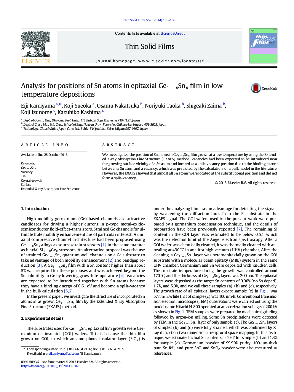 Analysis for positions of Sn atoms in epitaxial Ge1Â âÂ xSnx film in low temperature depositions